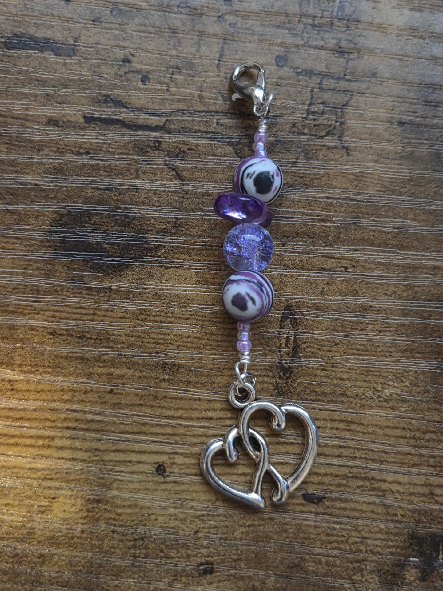 Whimsical Double Heart Purple Gemstone Zipper Pull