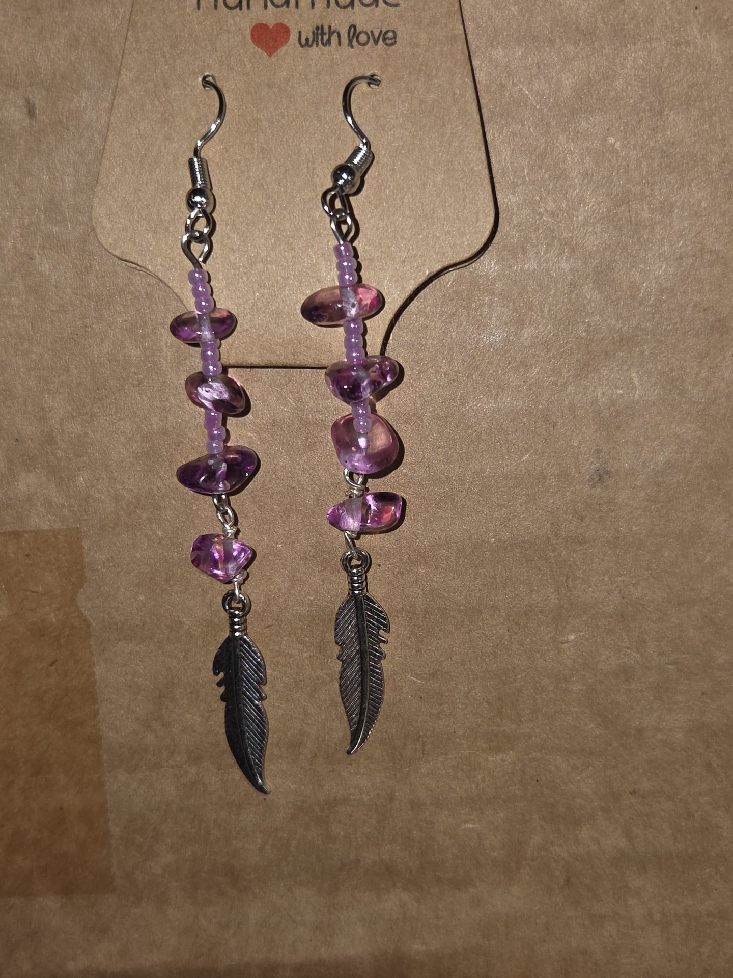 Amethyst Crystal Feather Drop Earrings
