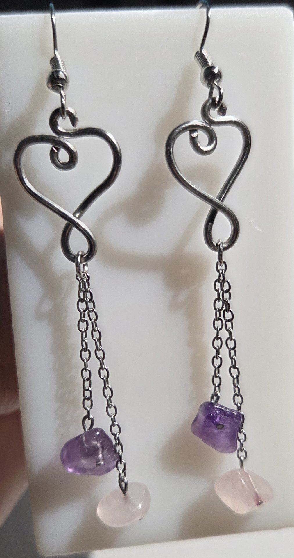 Amethyst & Rose Quartz Heart Cascade Earrings