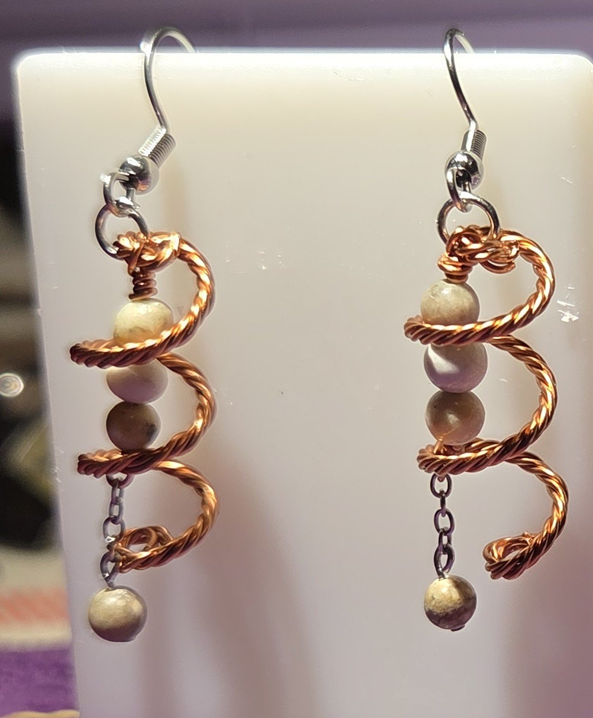 Handcrafted Wire Spiral Dangle Earrings - Twisted Copper & Earthy Jasper