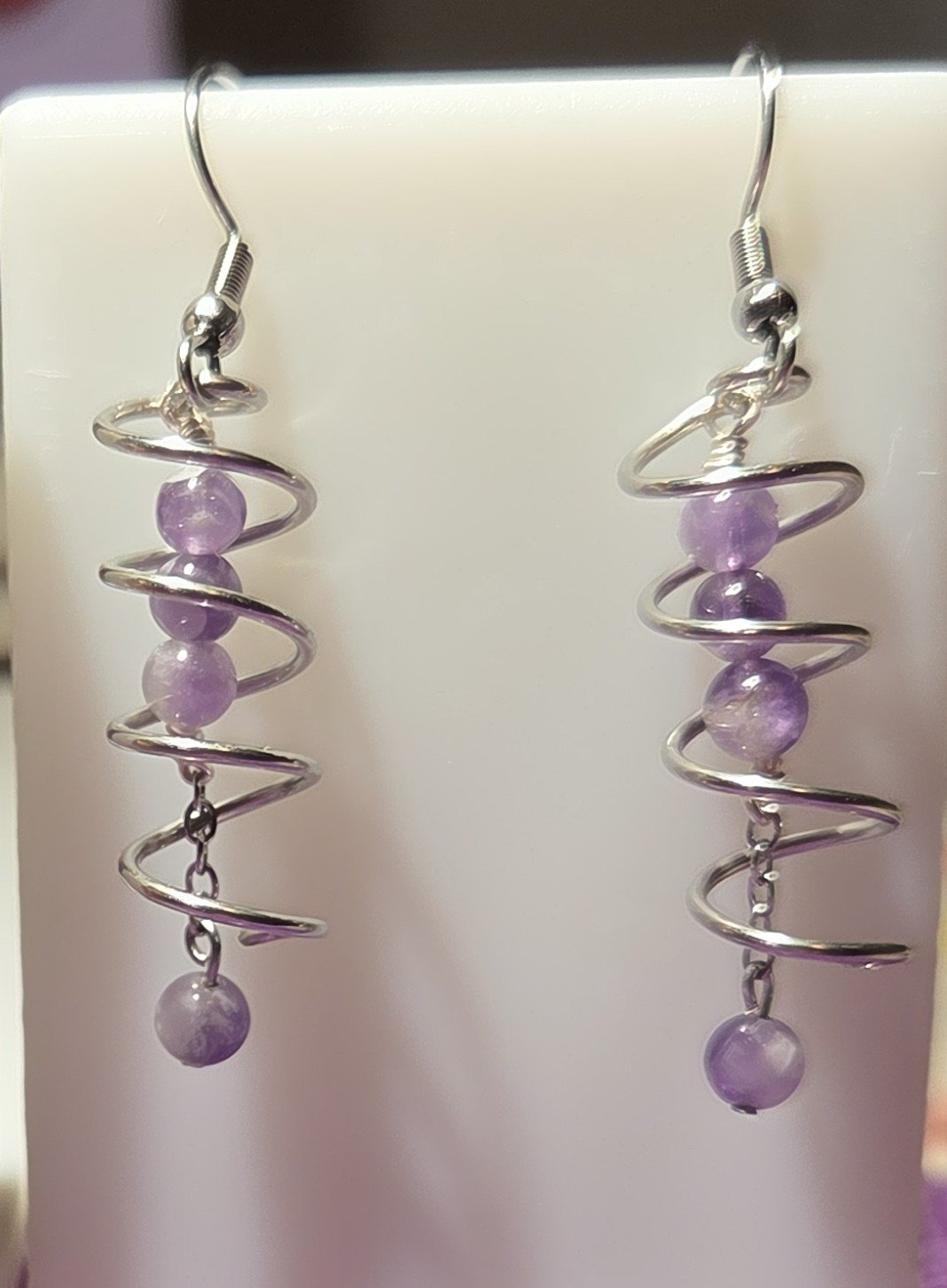 Handcrafted Wire Spiral Dangle Earrings - Silver Spiral with Purple Amethyst