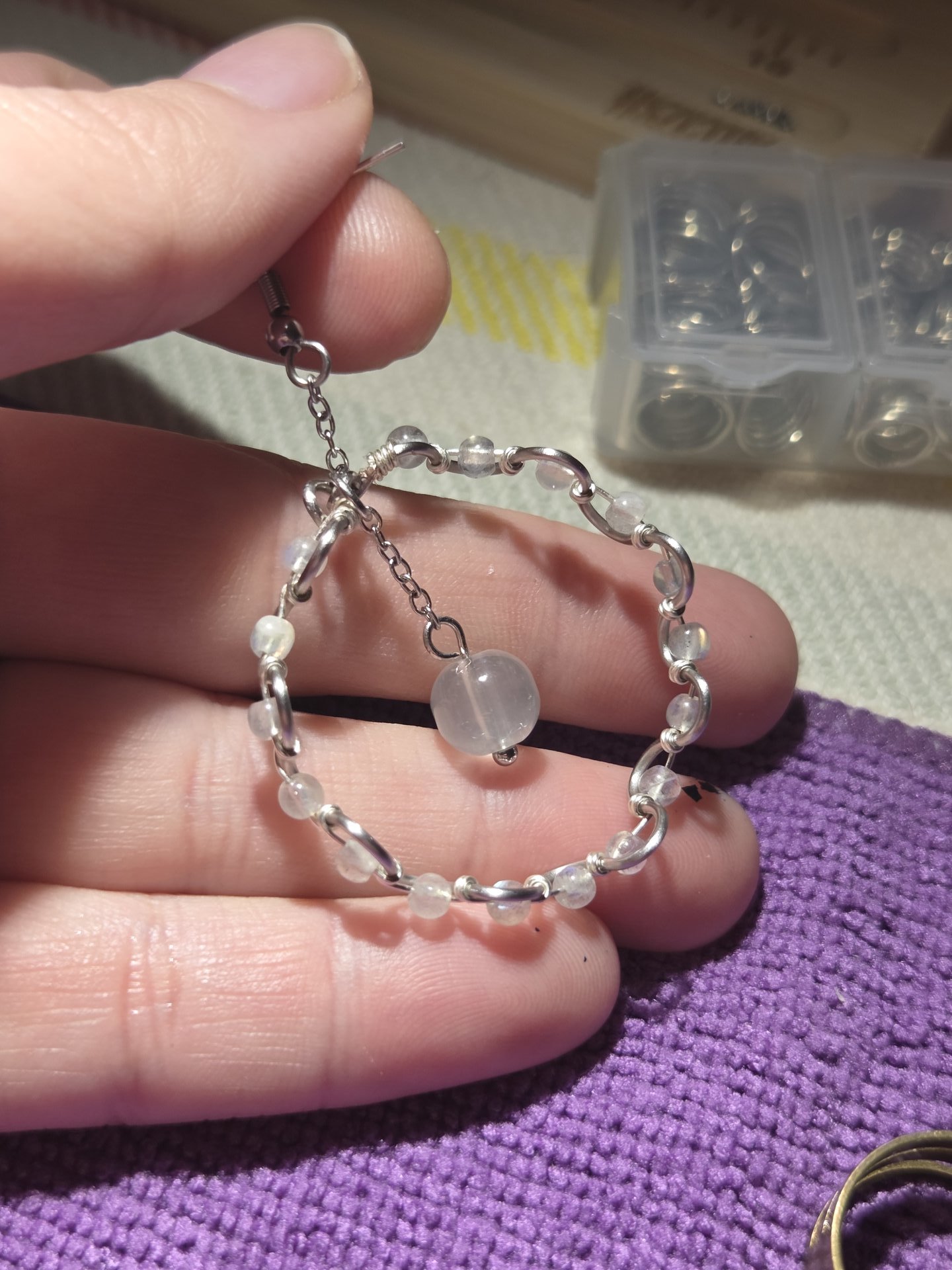 Wave Weave Gray Moonstone Chandelier Hoop Earrings