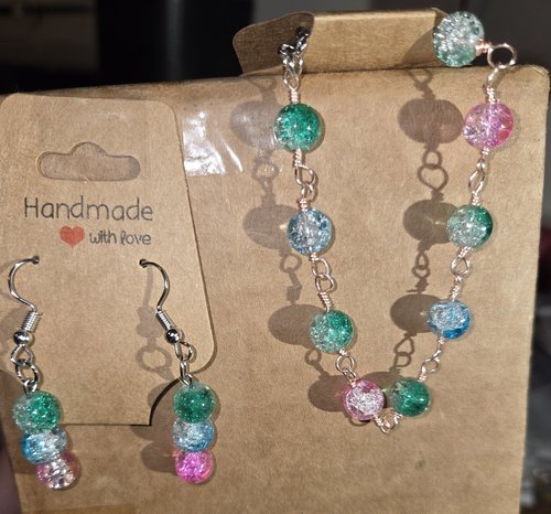 Fire cracked glass wire wrapped jewelry set